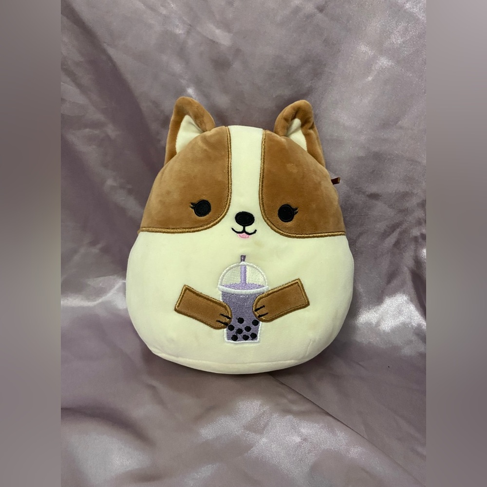 Regina the Corgi holding Boba Shake 8” Squishmallow